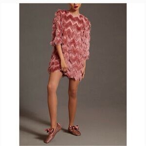 Anthropologie 'Hutch' Pink Fringed Chevron Dress Size XXS NWOT